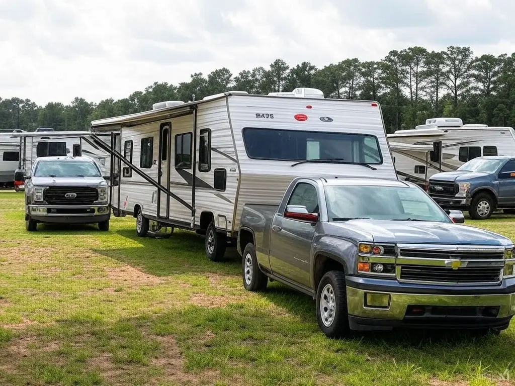 Fifth wheel RV and pickup truck parked at the park
