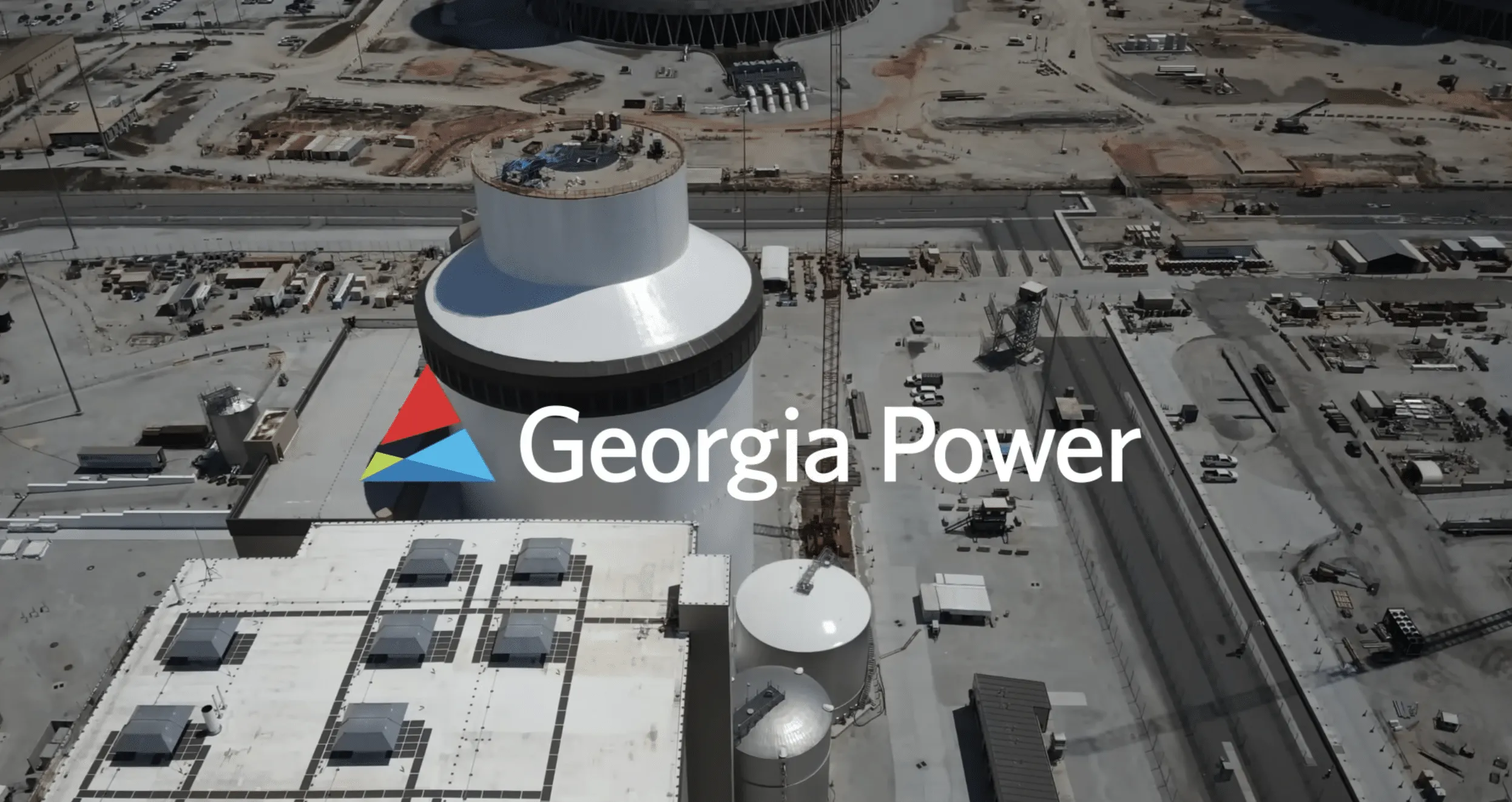 Aerial view of a Plant Vogtle cooling tower and plant facilities