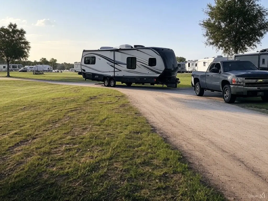 Truck and RV set up on a site at Vogtle Ranch